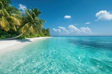 Fototapeta premium Tropical beach with crystal clear water, palm trees, and island in the background, representing idyllic vacation scene, Ai Generation