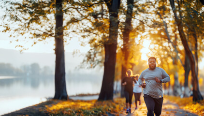 Fototapeta premium Overweight man going for a run with friends