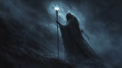 Shadowy Sorcerer with Glowing Crystal Staff in Mysterious Night Scene