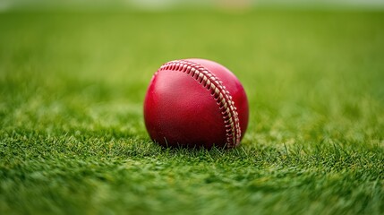 Red cricket ball on grass, closeup