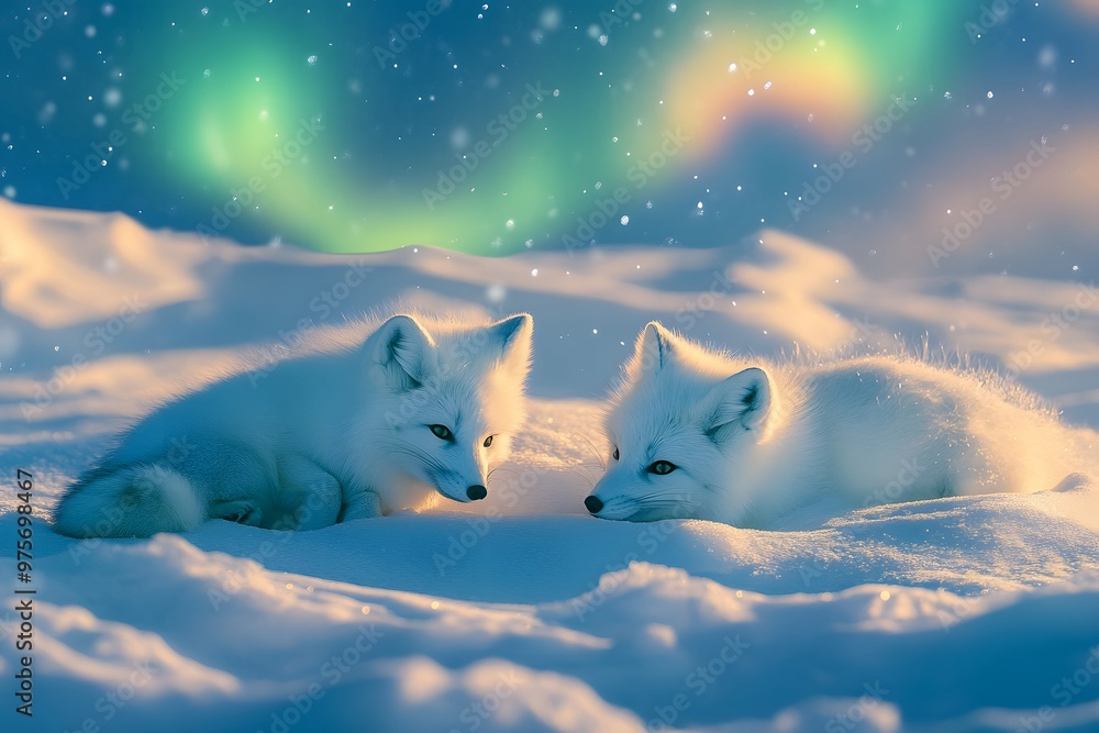 Wall mural two arctic foxes cuddle in the snow under a magical aurora borealis.
