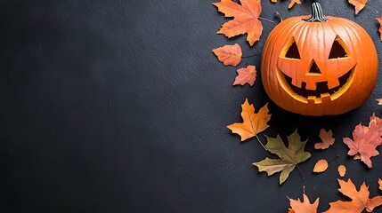 Halloween advertisement with a close-up of a smiling jack-o-lantern and scattered autumn leaves, high-end photography with room for text