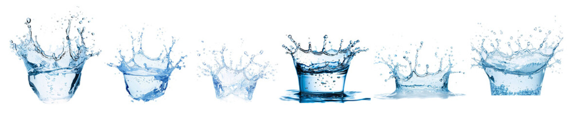 A dynamic series of water splash images showcasing various formations and movements.