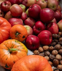 pumpkin, apples, walnuts. healthy autumn goodies. healthy eating