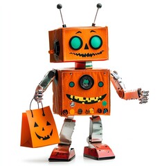 Fototapeta premium A robot holding a trick-or-treat bag, Halloween theme, festive and spooky, isolated on white background