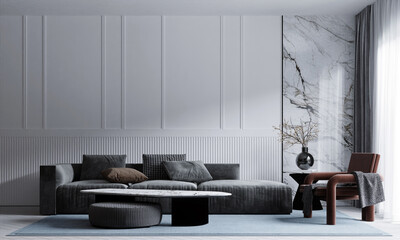 Modern living room interior with a soft elegant sofa, textured pillows and marble and white wall background. 3d render.