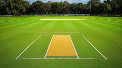 Fototapeta premium Top view of an empty cricket field in a cricket stadium