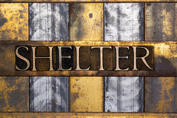 Shelter text in real authentic typeset letters on vintage textured silver grunge copper and gold background