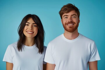 Fototapeta premium A studio close-up portrait of a young white couple wearing casual t-shirts, with a colourful background.