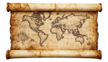 A vintage roll of a pirate treasure map on a white background	