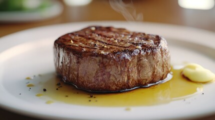 Close-up of a perfectly grilled beef steak resting on a plate with a dollop of butter, capturing the essence of a delicious gourmet meal.