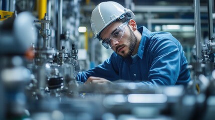 A factory employee in protective gear inspecting heavy machinery in an industrial setting