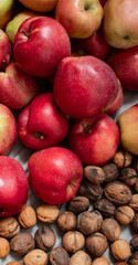 large ripe apples and walnuts. autumn usefulness. harvest