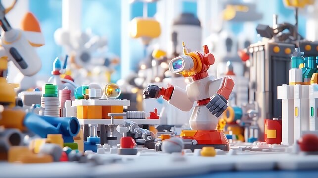 A cybernetic factory with robotic assembly lines and neon lights, in a high-tech industrial area