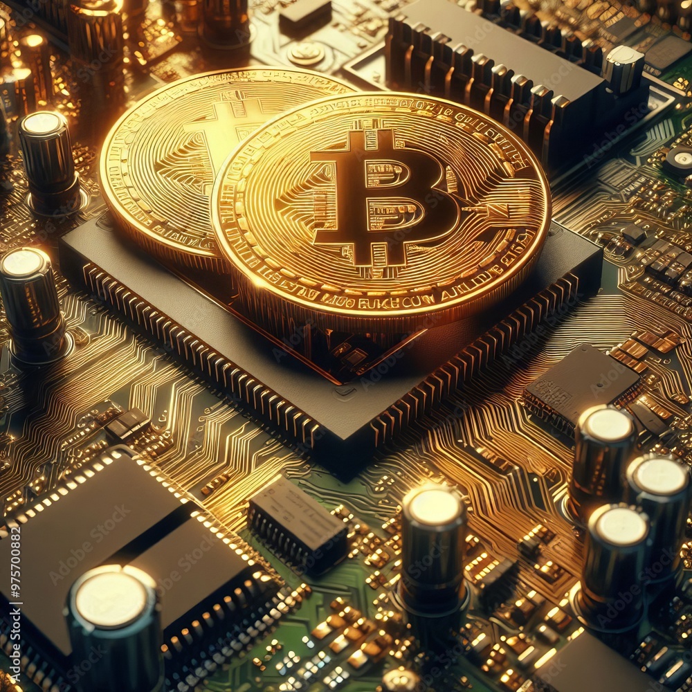 Poster a close-up of golden bitcoin coins placed on a circuit board, symbolizing the fusion of cryptocurren