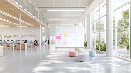 An innovative startup space with transparent meeting pods and neon brainstorming boards, bustling with creativity