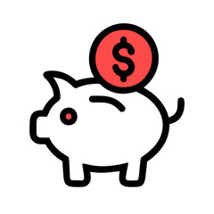 Obraz premium Piggy bank icon in minimalist style with red coin and white body, graphic design concept 