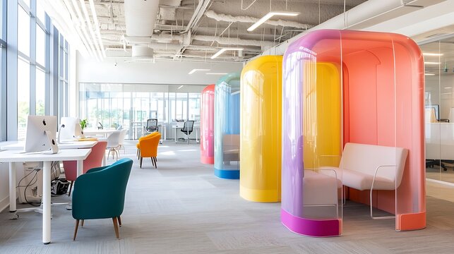An innovative startup space with transparent meeting pods and neon brainstorming boards, bustling with creativity