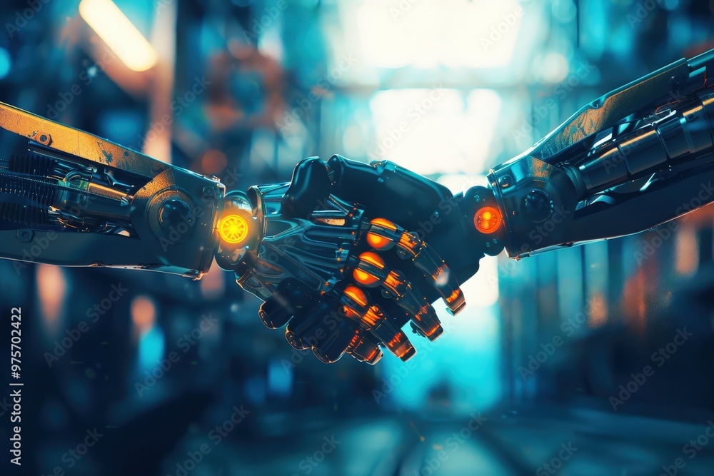 Poster metallic handshake: two robotic arms, illuminated by an ethereal glow, clasp hands in a symbolic ges