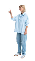 Woman wearing a light blue shirt and jeans, pointing at something. Isolated on a white background. Concept of interaction and direction