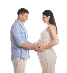 Fototapeta premium Beautiful pregnant woman with her husband isolated on white