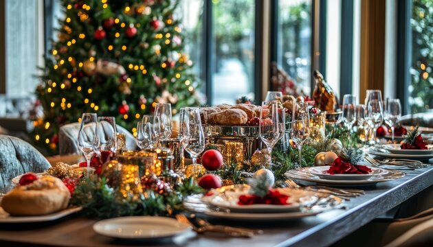 Elegant christmas and new year celebration at a luxury restaurant with guests and festive decor