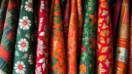 Vibrant Dhaka fabric featuring handwoven floral and geometric motifs in red, green, and orange, reflecting the artistry of Nepali culture, High quality, sharp images, graphic, illustration