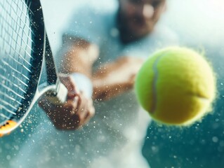 Close-up photo of a male tennis player hitting a ball with a rocket, focus on the ball, blurred background