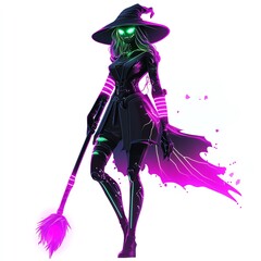 A futuristic alien witch, Halloween theme, with glowing broomstick, neon accents, isolated on white background