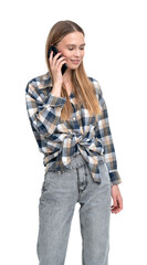 Young woman wearing a checkered shirt and jeans, talking on a smartphone. Isolated on a white background. Concept of communication and casual fashion