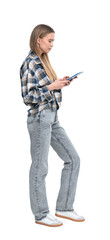 Woman in casual clothes standing and using a smartphone. Isolated on a white background. Concept of communication, technology, and casual lifestyle