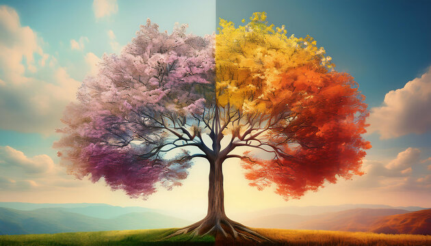  Four seasons tree, illustrating the changes from spring blossoms to autumn foliage._1(453)