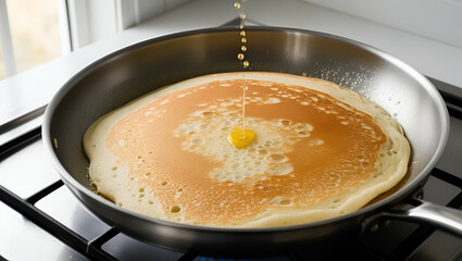 Title: A Golden Brown Pancake Sizzles in a Well-Seasoned Pan

