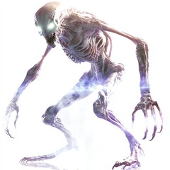 A Halloween alien creature, sci-fi theme, with glowing ghostly aura, isolated on white background