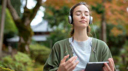 Woman meditating with headphones in a serene garden