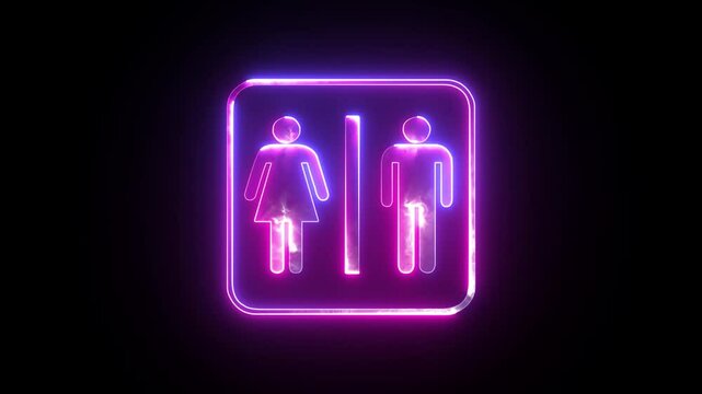 Glowing neon animated toilet sign.  Bright outline wc toilet or restroom sign on a black background