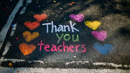 the text Thank you teachers is written in chalk on the asphalt with rainbow hearts