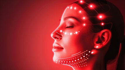 Red Light Therapy on Woman's Face with Futuristic Digital Overlay