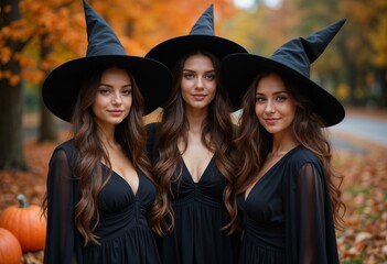 Obraz premium Halloween background three white females witches in black dresses with pumpkins and autumn forest