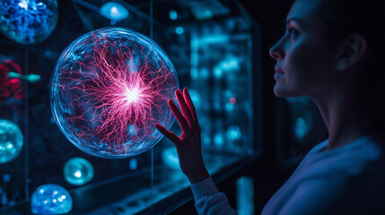 
Woman hand touching plasma ball with many energy rays inside in dark room of immersive museum or exhibition- close up view