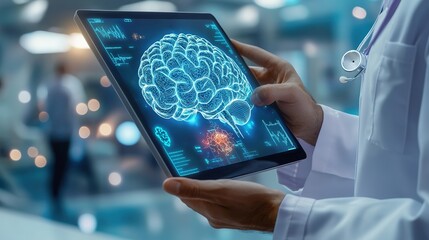 A doctor demonstrating cutting-edge anatomy technology on a tablet, featuring detailed brain and body visuals in a modern office