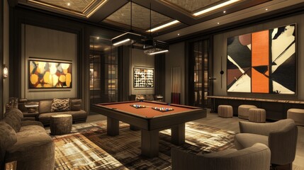A chic game room with a pool table, modern art on the walls, and comfortable seating for an upscale yet playful space.