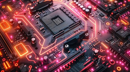 Fototapeta premium 3D rendering abstract isometric clean render of luminescent processor, integrated circuit and motherboard with coils and capacitors, printed circuit board in cyberpunk colors