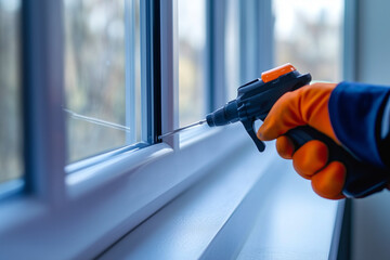 Close-up of a worker using a drill for window installation, highlighting precision and craftsmanship in home improvement projects