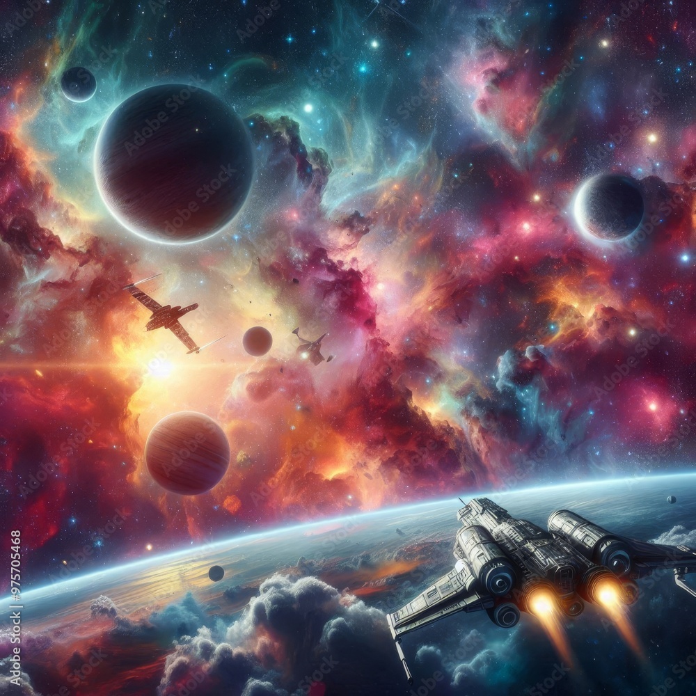 Poster a spacecraft journeys through a vibrant and colorful nebula, with distant planets and stars surround