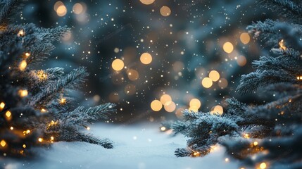 Frosty winter wonderland with snowy fir trees and glowing lights perfect for holiday cards