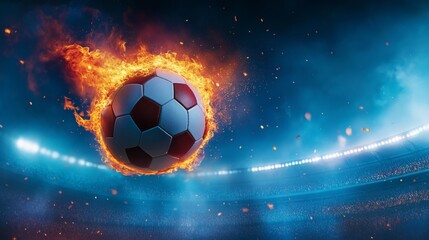 Naklejka premium A football engulfed in fire soaring over a packed stadium, with the crowded energy visible and the stadium lights casting a dramatic glow against the night sky. 
