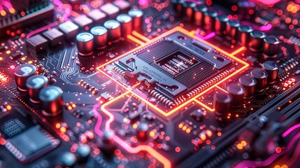 Obraz premium 3D rendering abstract isometric clean render of luminescent processor, integrated circuit and motherboard with coils and capacitors, printed circuit board in cyberpunk colors