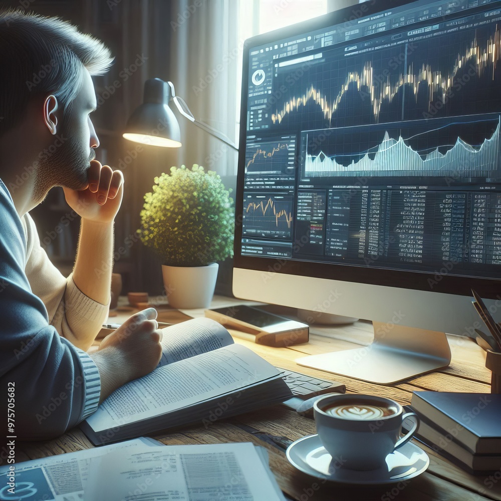 Poster a professional man engrossed in analyzing financial data on a large computer screen. the workspace i