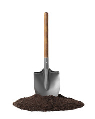 One camping shovel and soil isolated on white. Hand tool